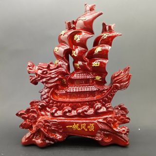 Chinese Hand - Carved Exquisite Red Wooden Boat Statue L268