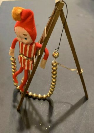 Vintage Pixie Elf On Wooden Ladder Shiny Brite Garland Strand Christmas