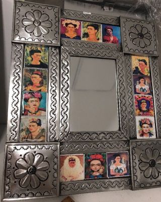 Mexican Folk Art Punched Tin & Frida Day Of The Dead Tile Wall Mirror 14 " X 16 "
