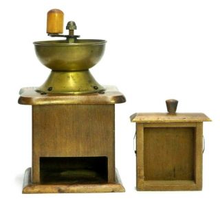 Antique Wood & Brass Hand Crank Coffee Spice Grinder Mill Vintage Decor Gadget