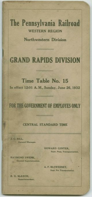 Prr (pennsylvania Railroad) Grand Rapids Div.  Emp.  Timetable No.  15 June 26,  1932