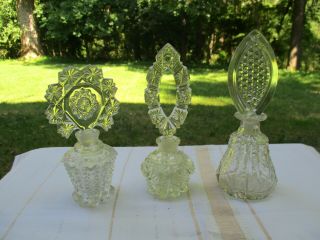 3 Vintage Cut Glass Perfume Bottles Fan And Diamond Shaped Stoppers