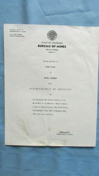 1955 Empire Colorado Bureau Of Mines Mine Rescue Work Commendation Letter - Mining