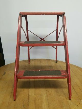 Vintage Steampunk Metal 2 Step Red Folding Step Stool Ladder 25 " Tall