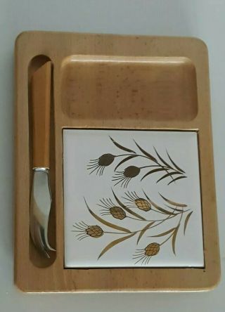 Vintage Mid Century Cheese Board With Knife & Ceramic Tile