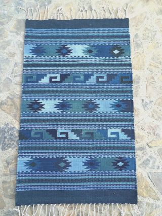 Zapotec Oaxacan Geometric One Of A Kind Blue Indigo Organic Dyed Tapestry Rug