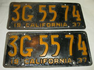 1937 California Un - Restored Vintage License Plate Matched Pair Number 3g 55 74