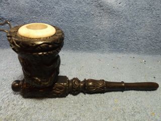 Vintage Hand Carved African Smoking Pipe,  wood stem and bowl,  soaptone lined bow 4