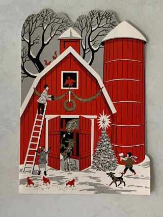 1957 Mcm Farm Animals Barn Christmas Card Mid Century Design Burgoyne
