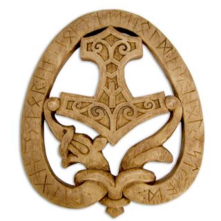 Thor Dragon Hammer Rune Plaque - Wood Finish - Dryad Design Asatru Norse Viking