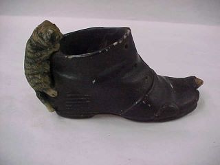 Antique Cat Chasing Mouse In Shoe Ceramic Match Safe,  Holder