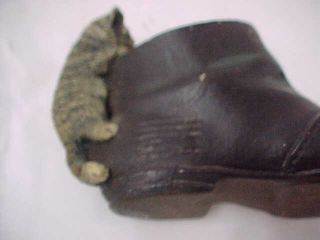 ANTIQUE CAT CHASING MOUSE IN SHOE CERAMIC MATCH SAFE,  HOLDER 4
