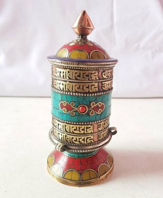 Tpw07 - Stone Inlaid Sanskrit Script Carved Multicolor Table Prayer Wheel