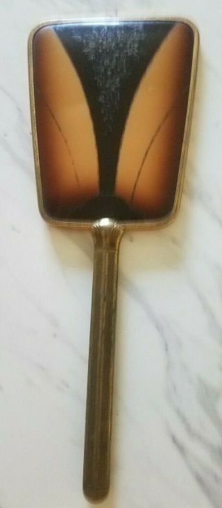 Vintage Art Deco Hand Held Mirror Brass Tone W/brown And Gold Accents,  12 " Long