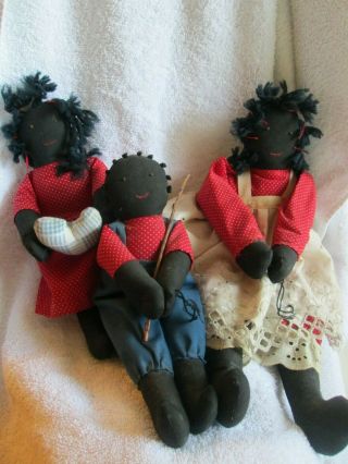 vintage set 3 Black Dolls Folk Art Rag Dolls handmade Boy African American 2