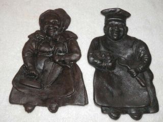 Toledo Stove Range Co.  Pair Cast Iron Spoon Rests Mammy And Chef Bin