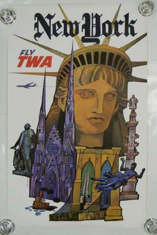 1960s Fly Twa York Travel Poster David Klein Art 25 " X 40 " Ex Cond