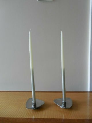 2,  1960 ' s Scandinavian,  Lundtofte Polished Steel,  Triangular Candlestick Holders 4