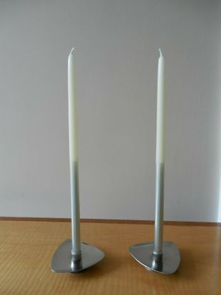 2,  1960 ' s Scandinavian,  Lundtofte Polished Steel,  Triangular Candlestick Holders 5