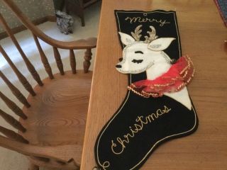 Vintage Christmas Stocking,  Huge Bucilla? White Reindeer,  Sequins,  Net Collar.