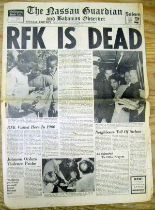 1968 Nassau Bahamas Newspaper Robert F Kennedy Assassinated By Sirhan Sirhan