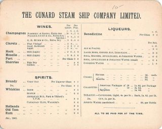 RMS ETRURIA,  CUNARD SHIP LINE,  SECOND CABIN TEA MENU FOR APRIL 1904,  NOT A PC 2