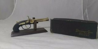 Vintage Derringer Gun Table Lighter With Wood Display Stand & Box