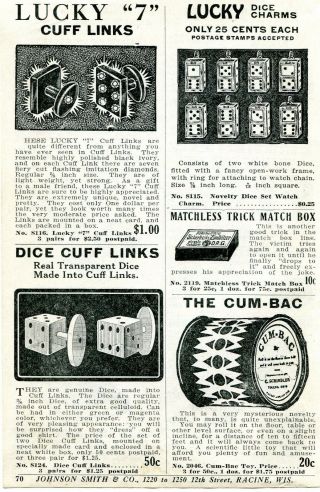 1926 Small Print Ad Of Novelty Dice Lucky 7 Cuff Links & Charms,  The Cum - Bac Toy