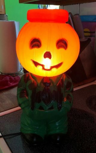 Vintage 14” Halloween Mr.  Blinky Pumpkin Head Scarecrow Lighted Blow Mold Light 2