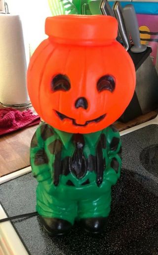 Vintage 14” Halloween Mr.  Blinky Pumpkin Head Scarecrow Lighted Blow Mold Light 4