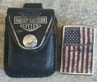 Zippo American Stamp On Flag Lighter With Harley Davidson Lighter Pouch