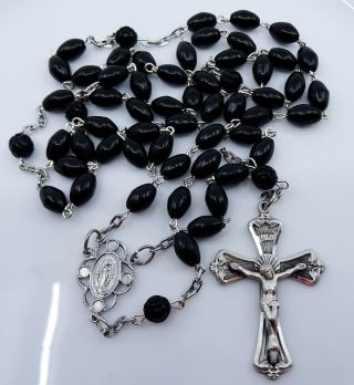 Long Rosary Black Beads With Large Chapel Sterling Silver Crucifix