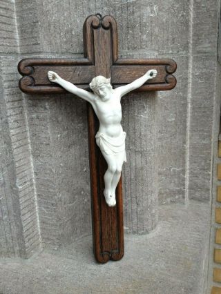 Antique Carved Wood Cross Crucifix Porcelain Bisque Jesus Christ Wall Hanging