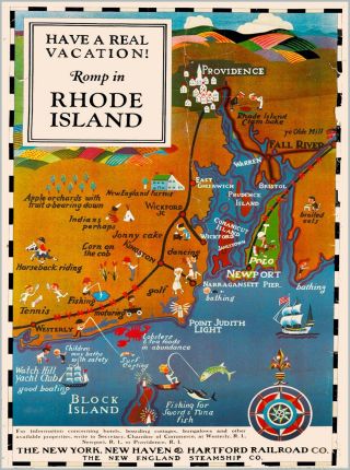 Romp Rhode Island Map Haven Railroad Vintage United States Travel Poster