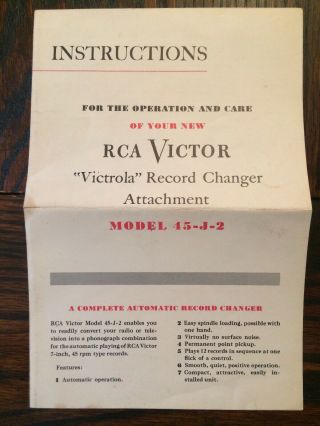 Vintage Rca Victor Victrola Model 45 - J - 2 45 Rpm Record Player Instructions Only