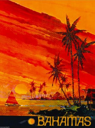 Bahamas Sunset Caribbean Islands Beach Vintage Travel Advertisement Poster