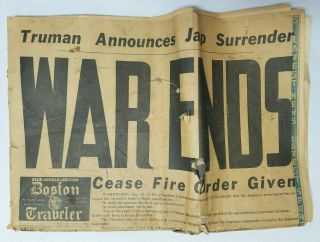 War Ends Boston Traveler Newspaper August 14,  1945 Wwii Truman Japan Surrender