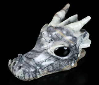 5.  1 " Picasso Jasper Carved Crystal Dragon Skull,  Black Obsidian Eyes