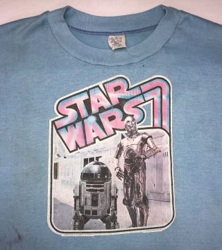 Vintage Mens Xl 1977 70s Star Wars Movie C3po R2d2 Iron - On Transfer Blue T - Shirt
