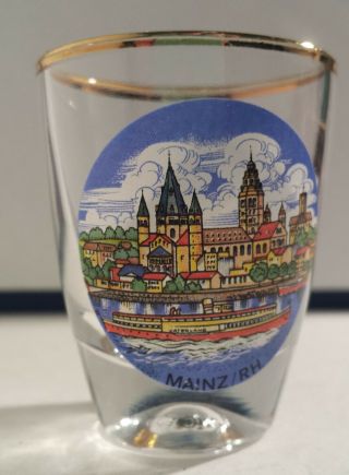 Mainz Rh Germany Shot Glass W/ Gold Trim Rim Vintage Travel Souvenir Bar