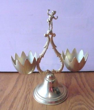 Double Egg Holder Gold Tone Made In Italy Angel Cherub Topper Vintage 2 Cups