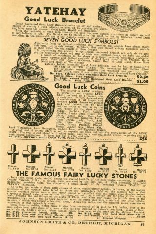 1938 Print Ad Jeffrey Good Luck Coin Indian Yatehay Bracelet Famous Fairy Stones