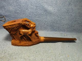Vintage Hand Carved Briar Smoking Pipe,  Carving Includes,  Grass,  Trees,  & 3 Deer