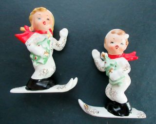 Vintage Napco Ceramic Christmas Boy Girl Skier Set Of Ornaments Rare