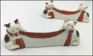 2 Rare Vintage Deco Figural Animal Cat Porcelain Knife Rests / Chopstick Rests
