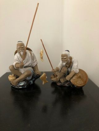 2 Vintage Chinese Fisherman Porcelain Figurines