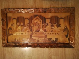 Vintage Inlaid Marquetry Last Supper Wall Hanging Picture Art Hand Carved Frame