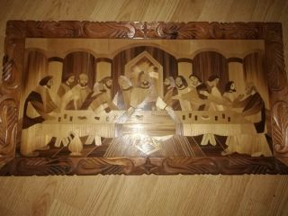 Vintage Inlaid Marquetry LAST SUPPER Wall Hanging picture art hand carved frame 2