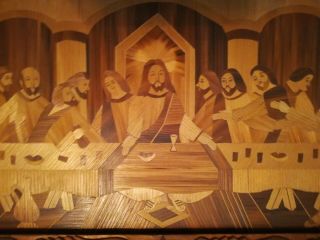 Vintage Inlaid Marquetry LAST SUPPER Wall Hanging picture art hand carved frame 3