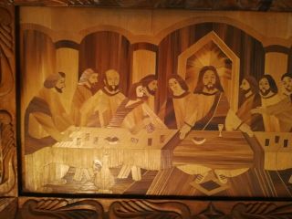 Vintage Inlaid Marquetry LAST SUPPER Wall Hanging picture art hand carved frame 5